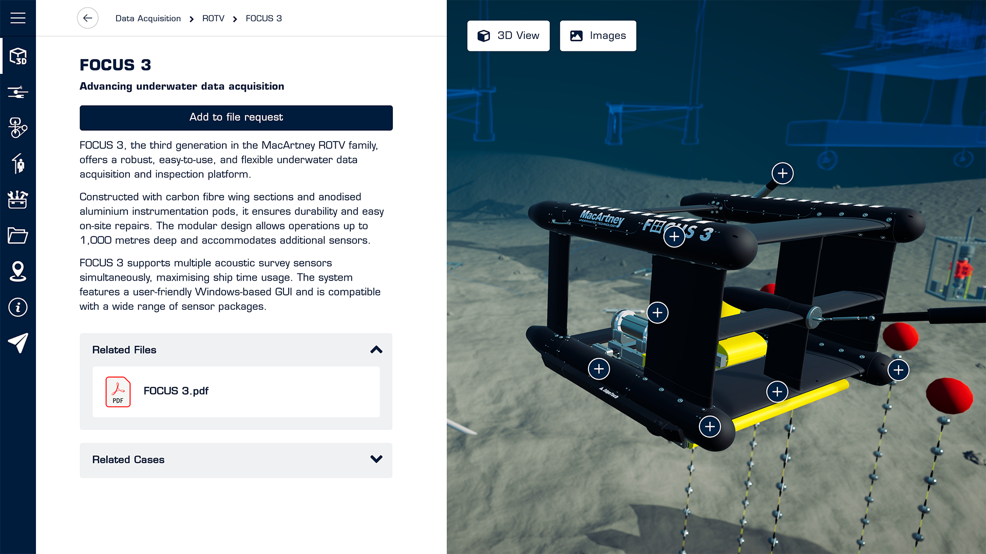 Screenshot of the 3D product catalogue developed for MacArtney Underwater Technology (product detail view).