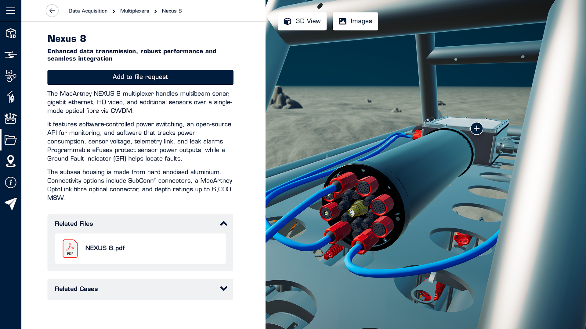 Screenshot of the 3D product catalogue developed for MacArtney Underwater Technology (product detail view).