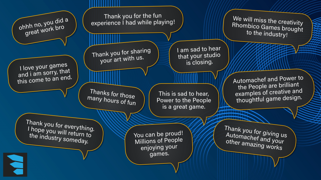 Quotes with words of support for Rhombico Games